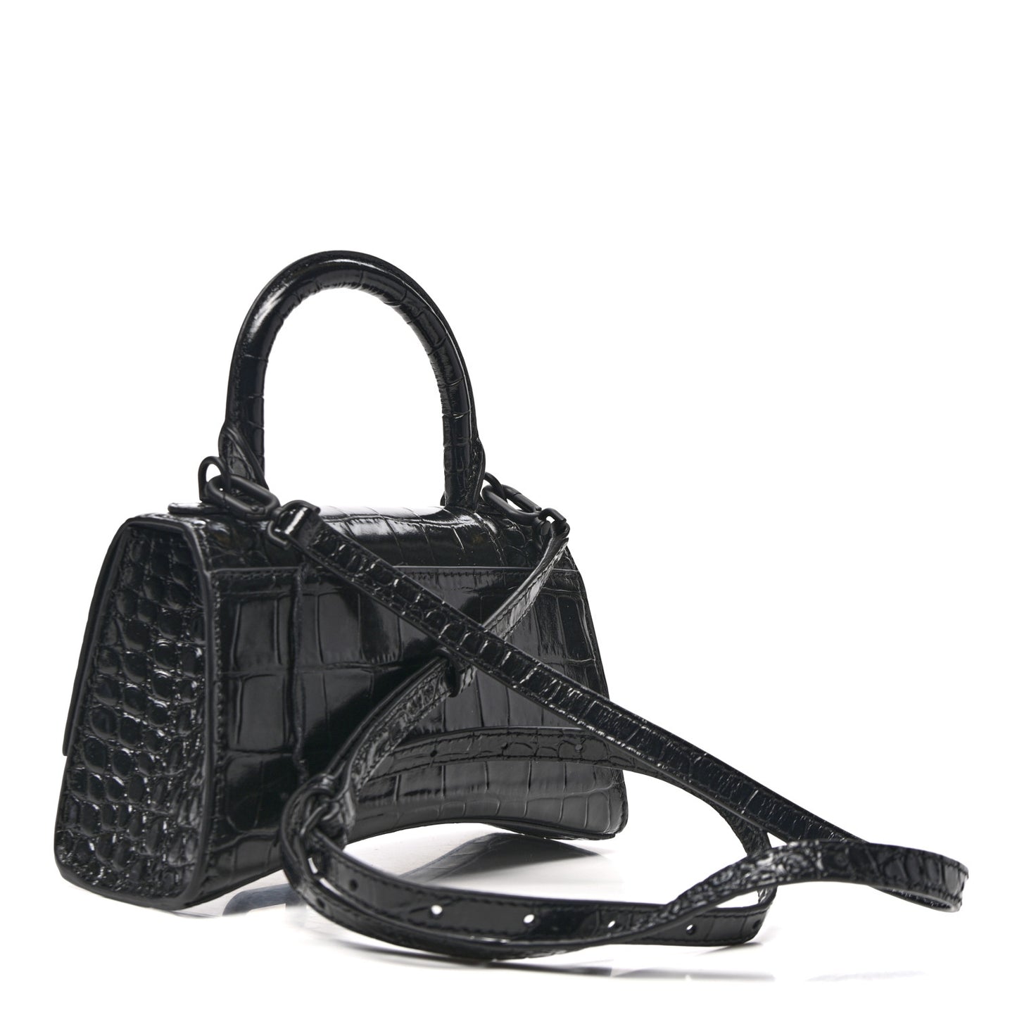 Shiny Calfskin Monochrome Crocodile Embossed Hourglass Top Handle Bag XS Black