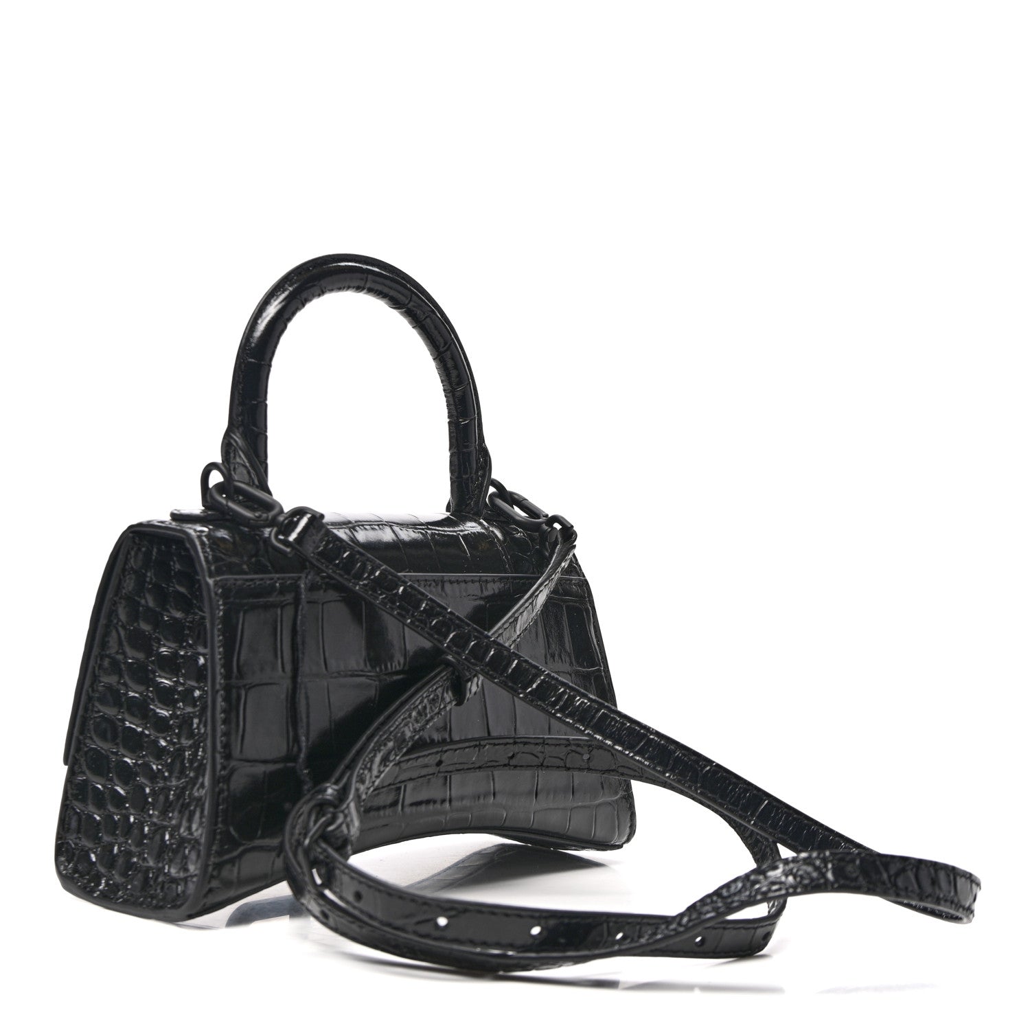 Balenciaga Shiny Calfskin Monochrome Crocodile Embossed Hourglass Top Handle Bag XS Black 3 of 12