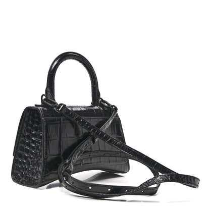 Balenciaga Shiny Calfskin Monochrome Crocodile Embossed Hourglass Top Handle Bag XS Black 3 of 12