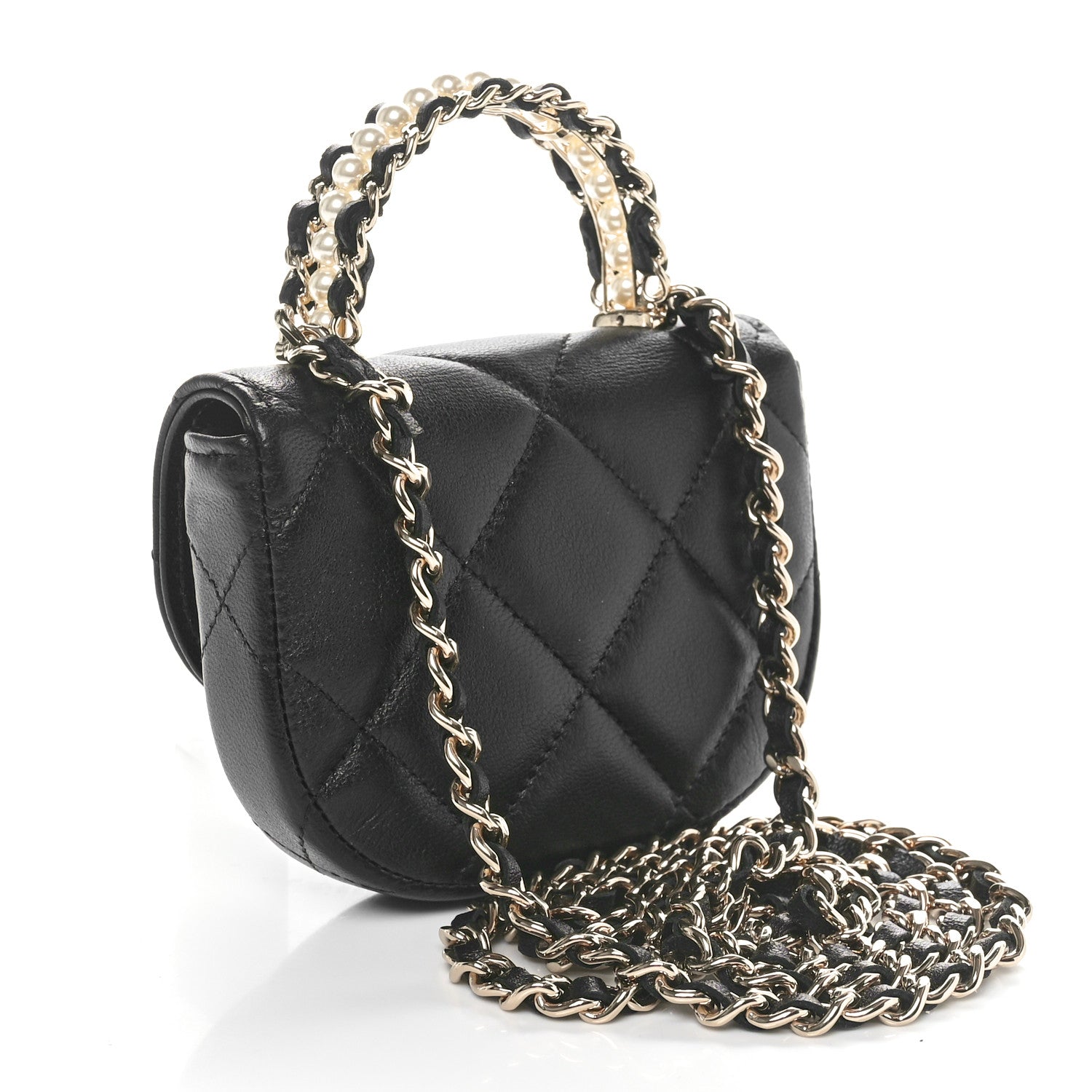 Chanel Lambskin Quilted Pearl Top Handle Clutch With Chain Black 2 of 11