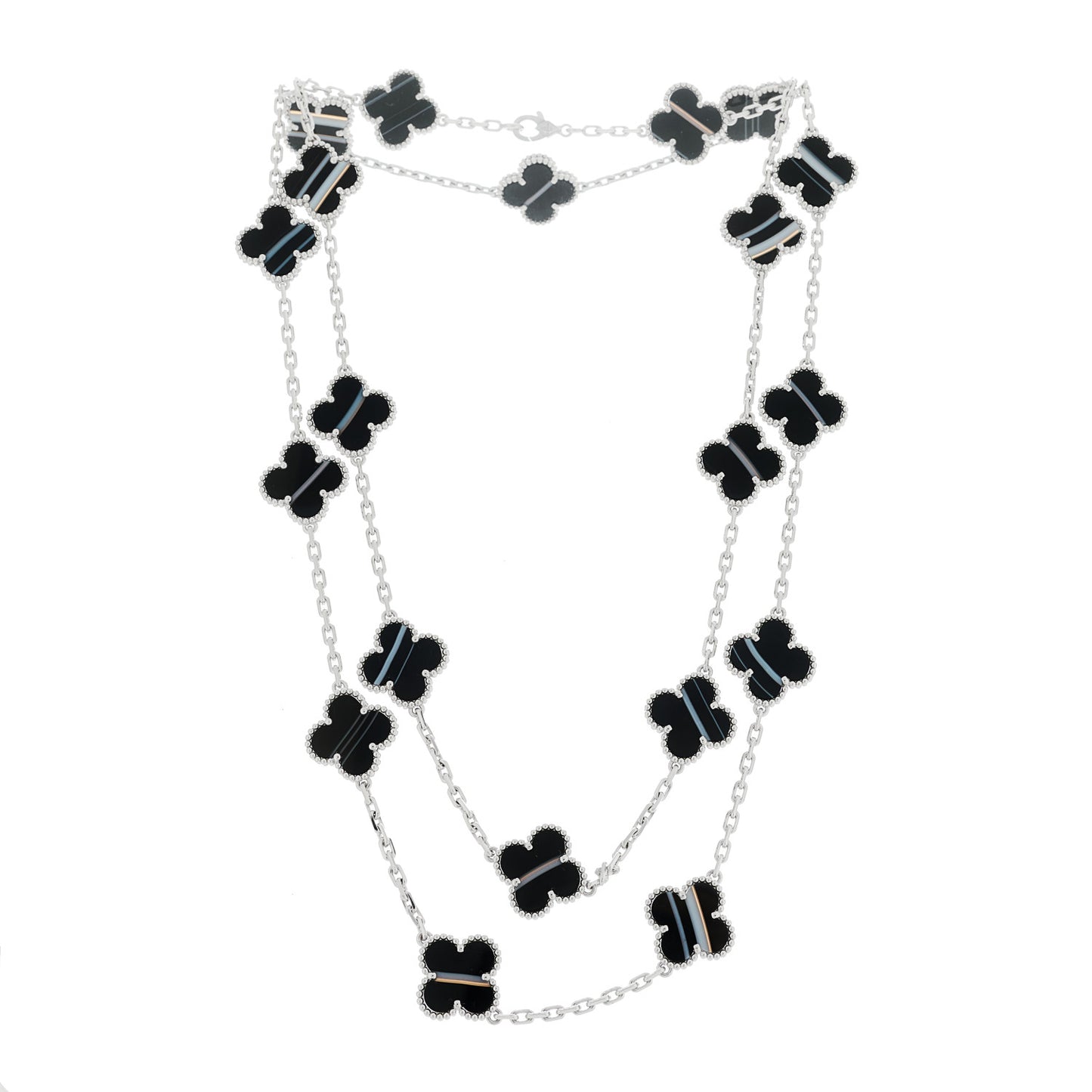 18K White Gold Veined Black Onyx 20 Motifs Vintage Alhambra Necklace