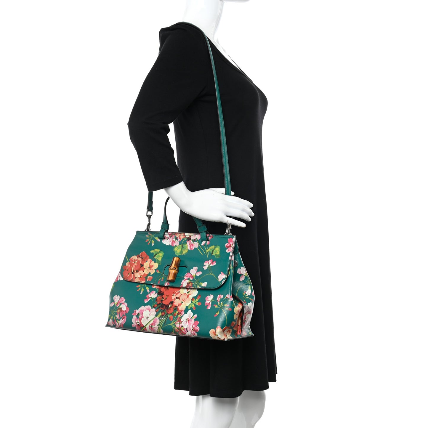 Shangai Calfskin Blooms Print Medium Bamboo Daily Top Handle Bag Clear Bright Emerald Multicolor