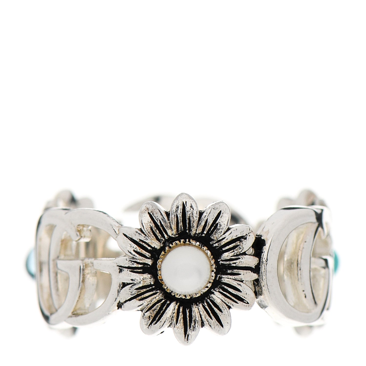 Gucci Sterling Silver Mother of Pearl Blue Topaz Flower Marmont Double G Ring 51 5.75 3 of 6