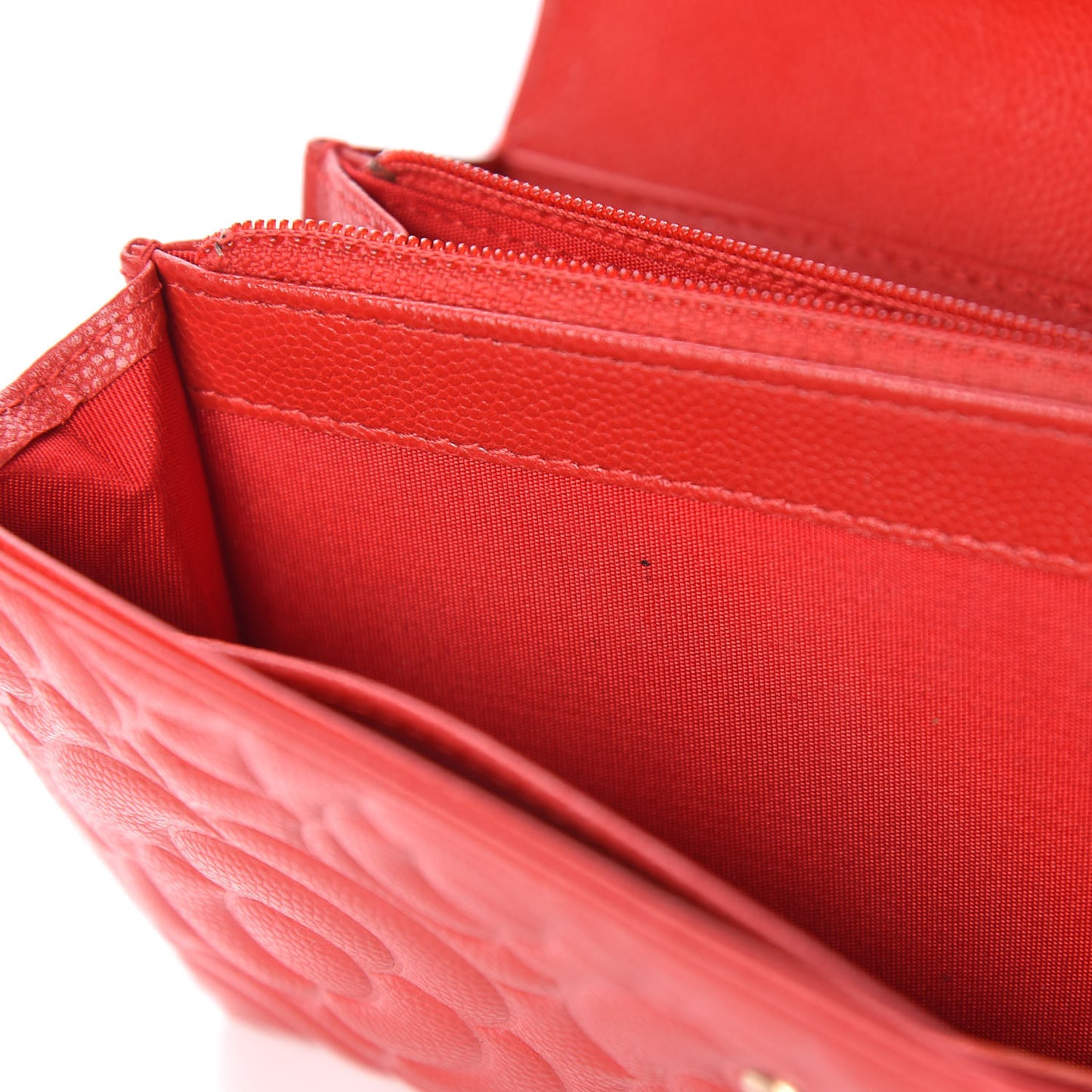 Caviar Camellia Embossed Flap Wallet Red
