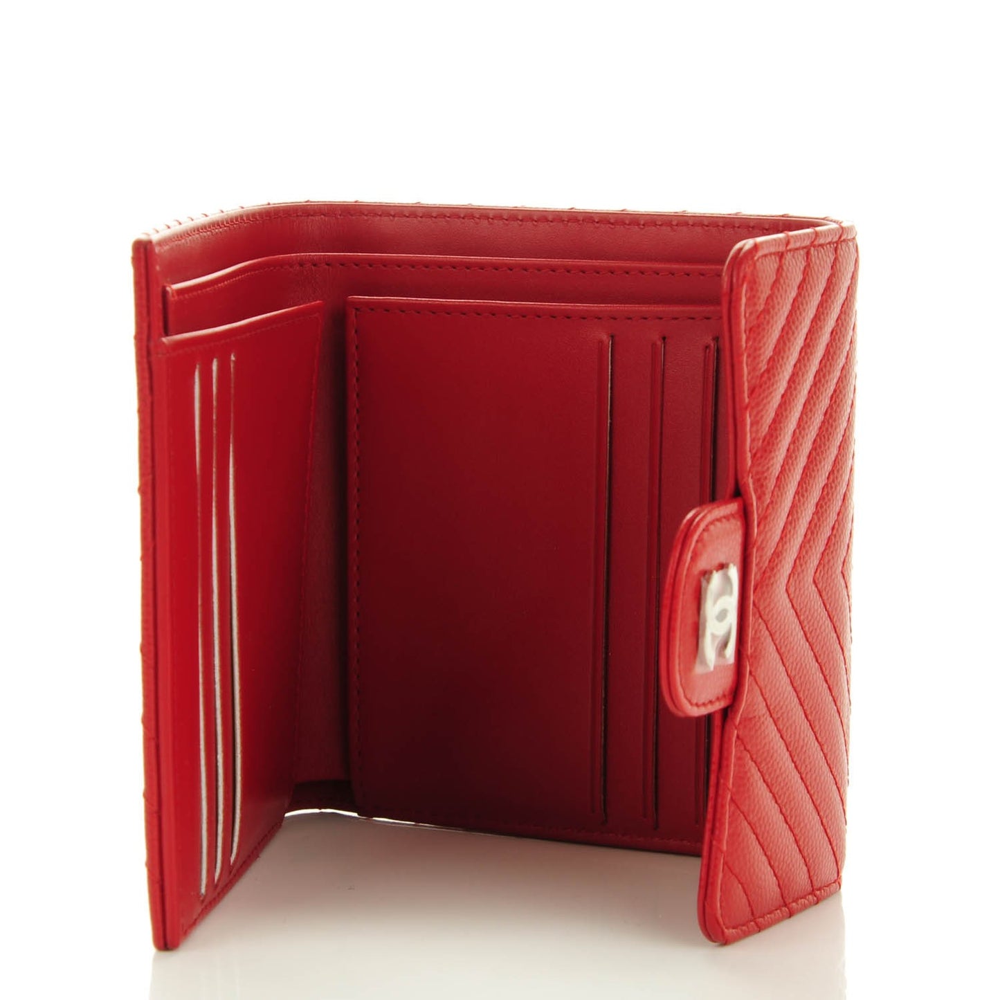 Caviar Chevron Quilted Compact Flap Wallet Dark Red
