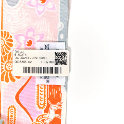 Hermes Silk Bingata Twilly Orange Rose Gris 3 of 4