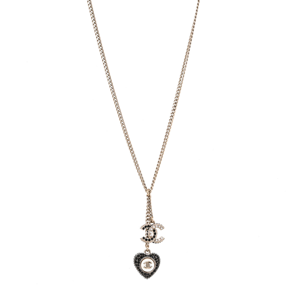 Chanel Crystal CC Heart Necklace Black Pearly White Gold 1 of 5