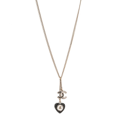 Chanel Crystal CC Heart Necklace Black Pearly White Gold 1 of 5