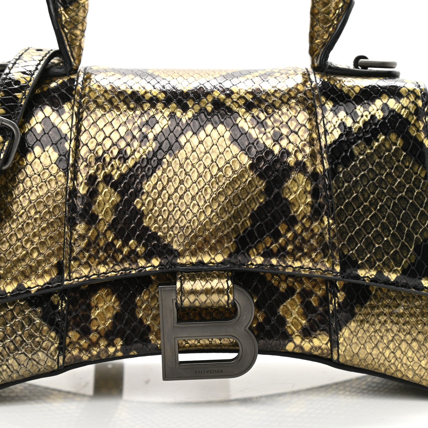 Balenciaga Shiny Calfskin Snakeskin Embossed Hourglass Top Handle Bag XS Gold Black 9 of 12