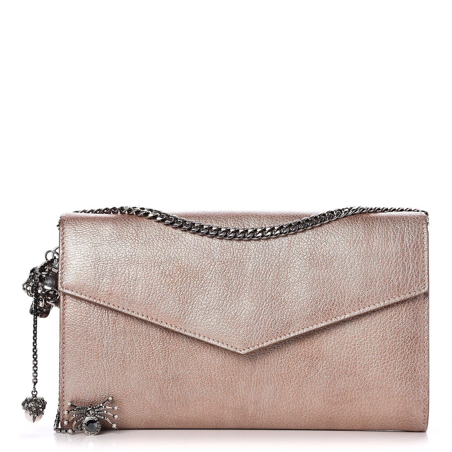Metallic Nappa Spider Skull Envelope Clutch Wallet Rose Gold