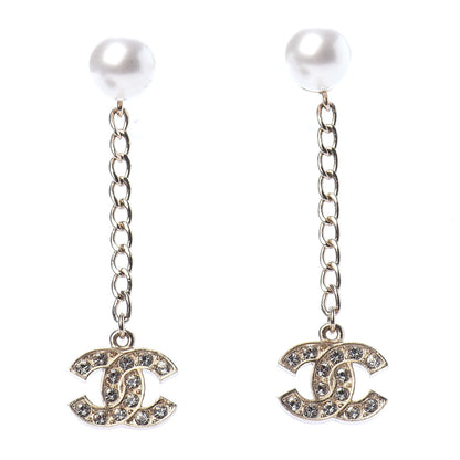 Chanel Pearl Crystal CC Long Drop Earrings Gold 1 of 3