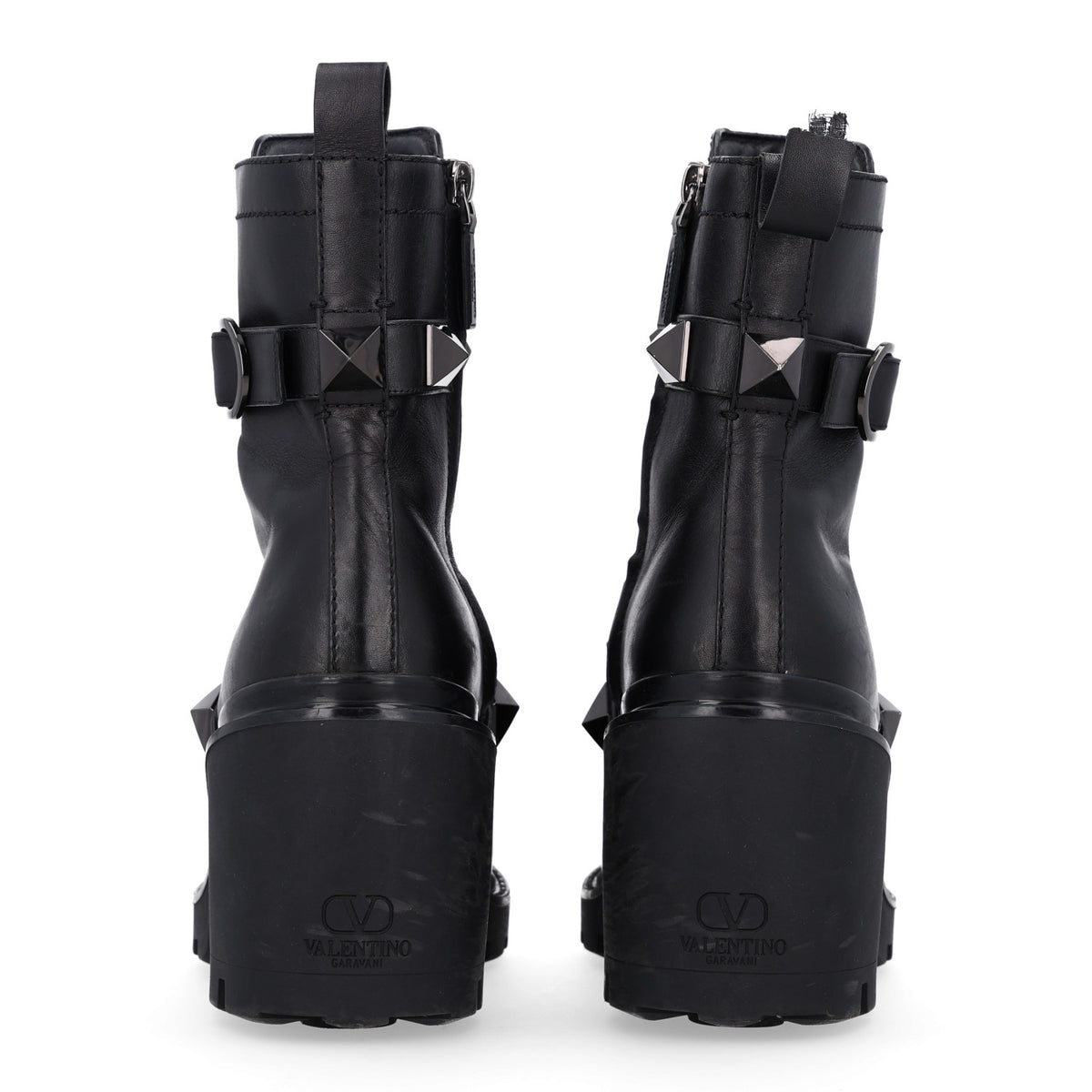 Calfskin Tonal Roman Stud Combat Boots 38.5 Black