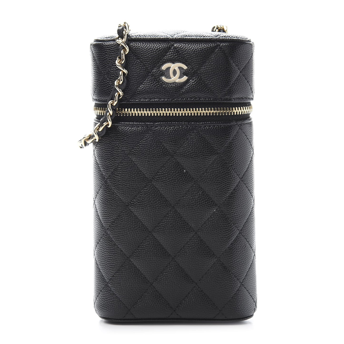Caviar Quilted Phone Holder With Chain Black