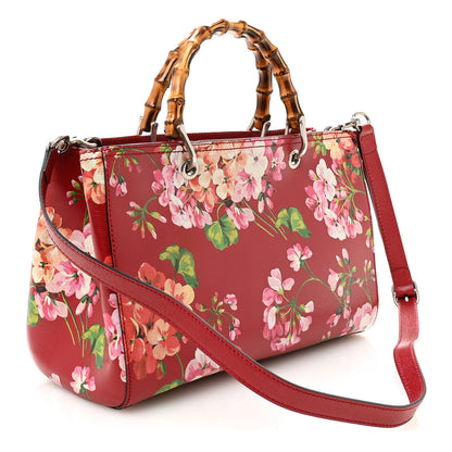Gucci Shangai Calfskin Blooms Print Medium Bamboo Shopper Tote Red Multicolor 3 of 10