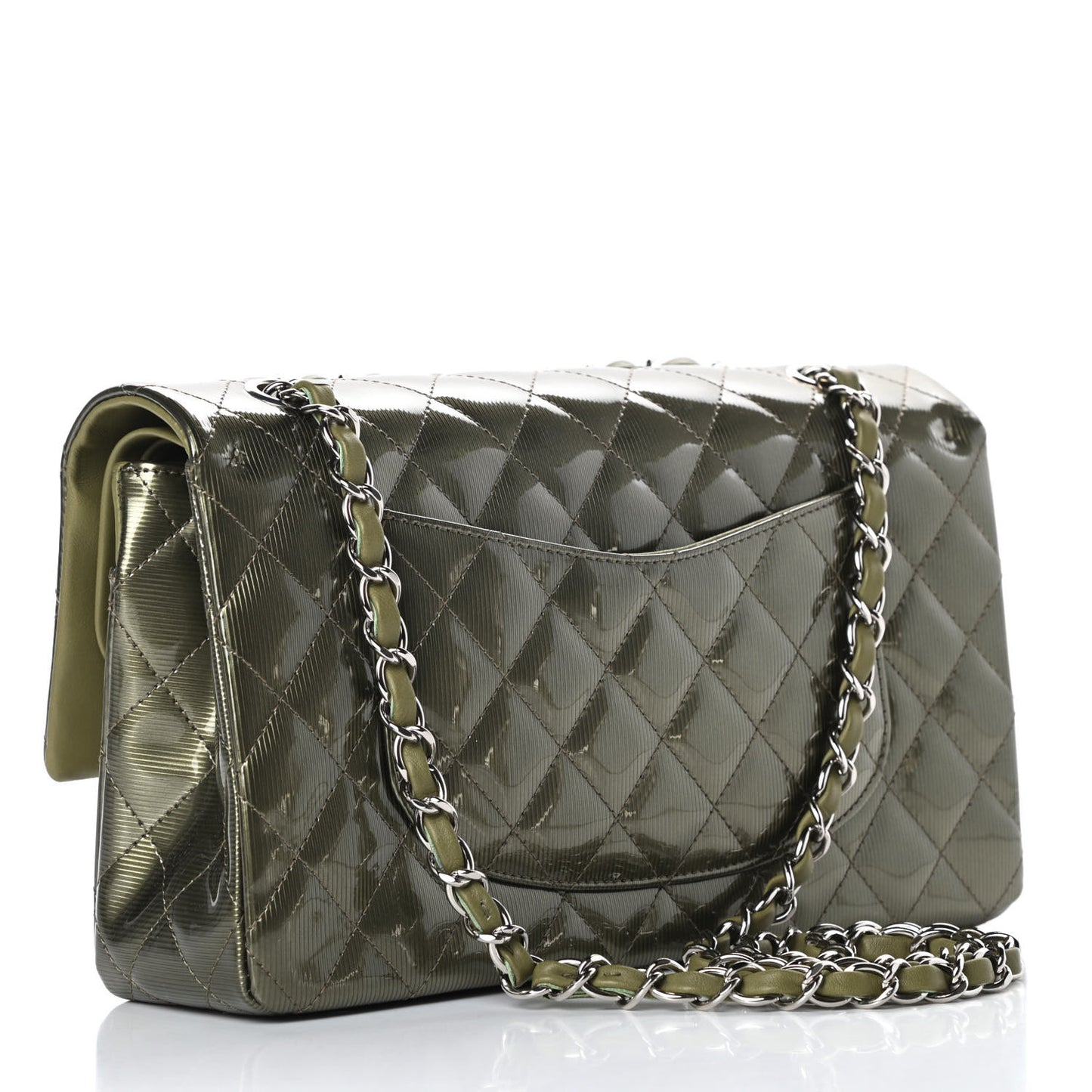Striated Patent Quilted Medium Double Flap Green