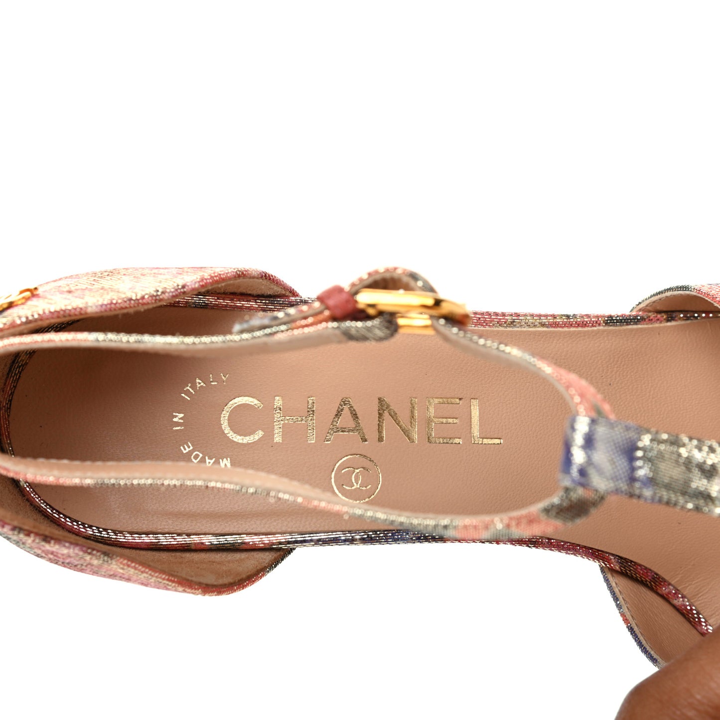 Crepe Calfskin Floral Printed Metallic Calfskin Cap Toe CC Ankle Strap Pumps 36.5 Coral Gold