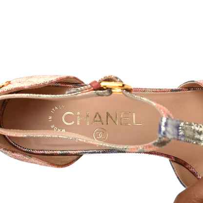 Chanel Crepe Calfskin Floral Printed Metallic Calfskin Cap Toe CC Ankle Strap Pumps 36.5 Coral Gold 7 of 13