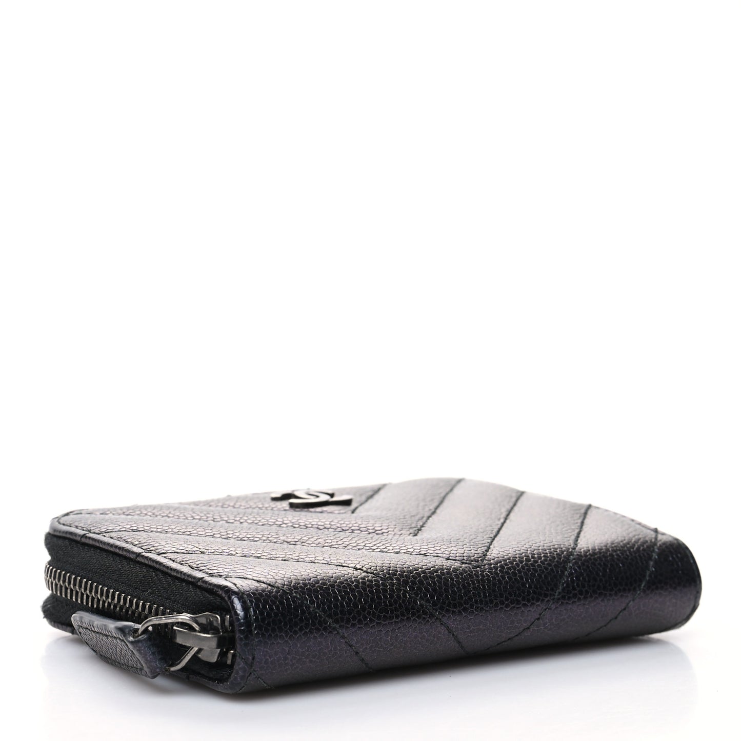 Iridescent Caviar Chevron Quilted Zip Around Coin Purse Black