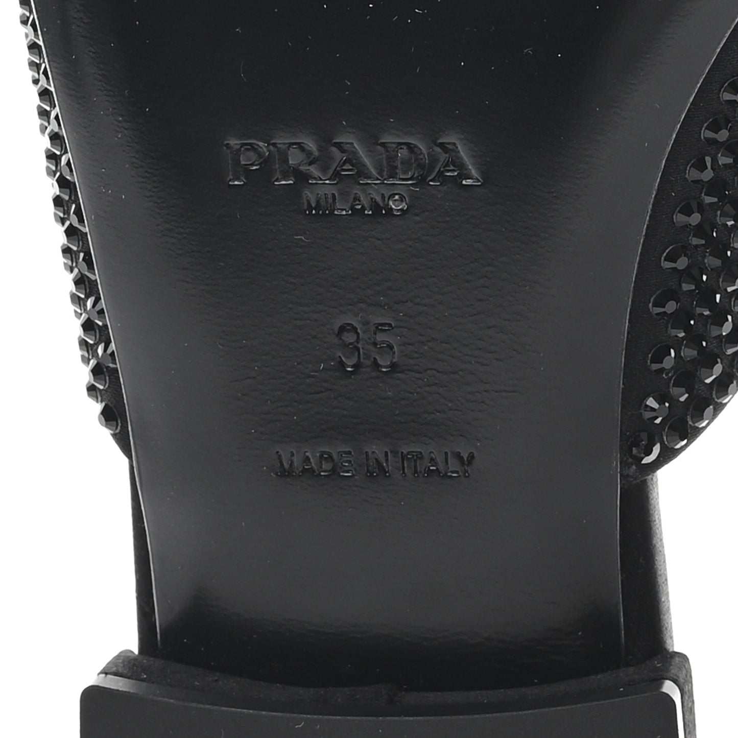 Satin Crystal Logo 10mm Slide Sandals  35 Black