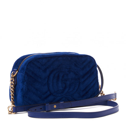 Gucci Velvet Matelasse Small GG Marmont Chain Shoulder Bag Cobalt 2 of 8