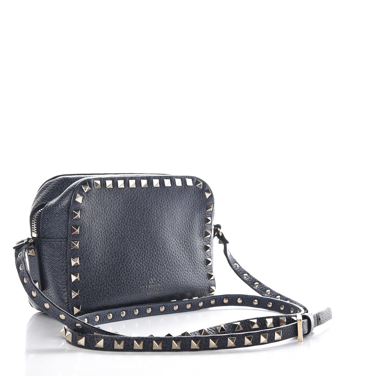 Pebbled Calfskin Rockstud Camera Crossbody Bag Deep Denim