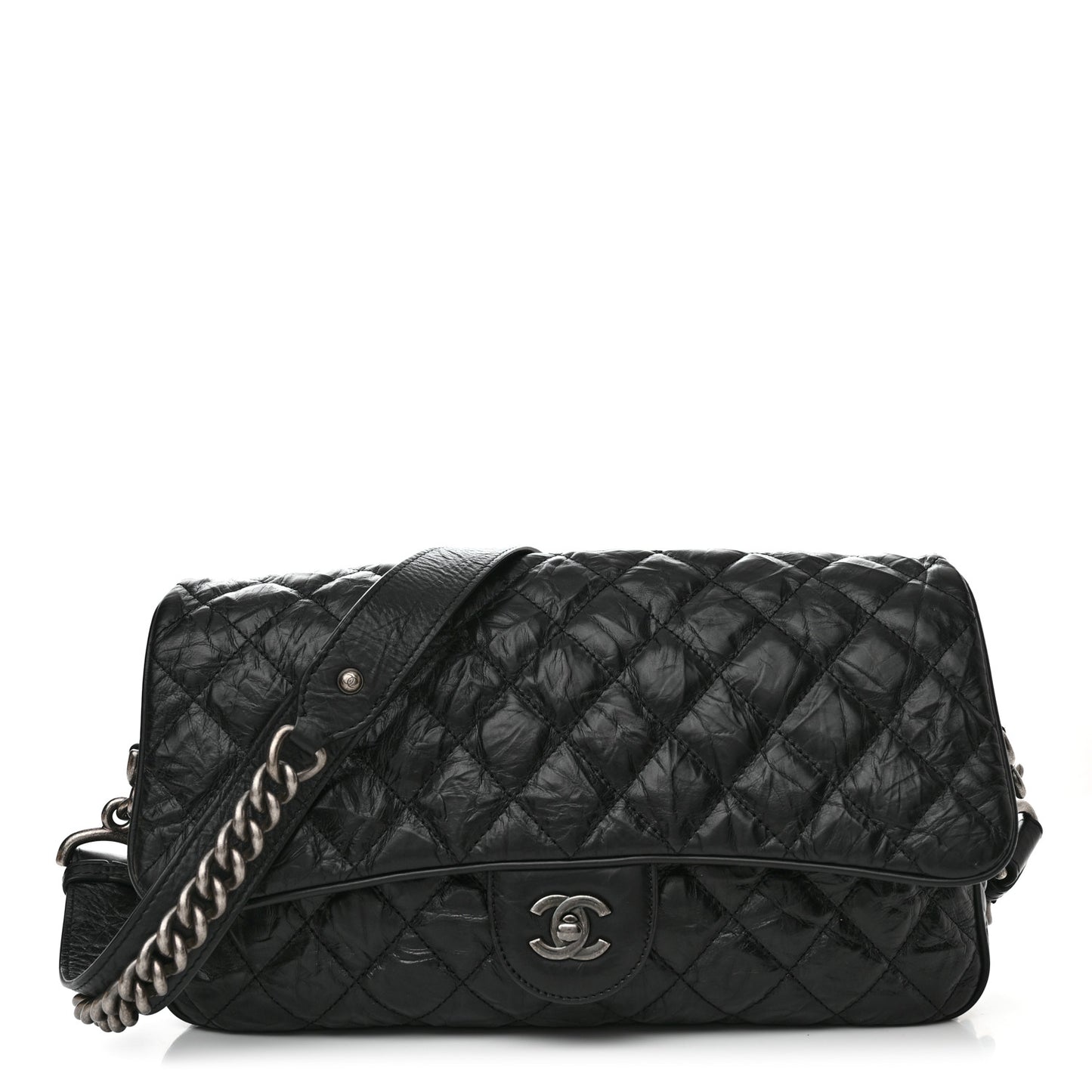Crumpled Calfskin Quilted Medium Casual Rock Flap Black