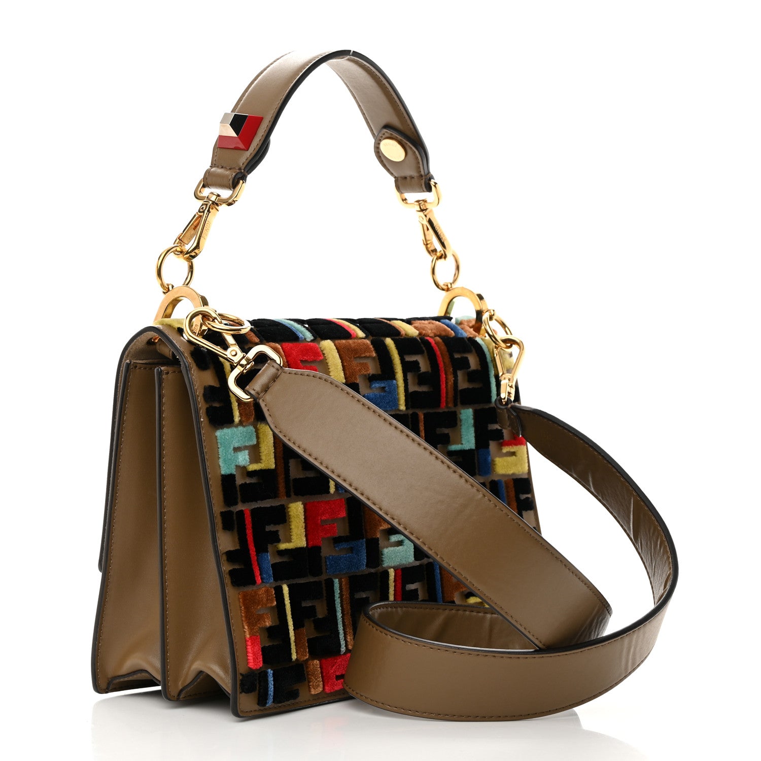 Fendi Vitello Liberty Velvet FF 1974 Hearts Padlock Embroidered Kan I Shoulder Bag Fango Multicolor 3 of 19