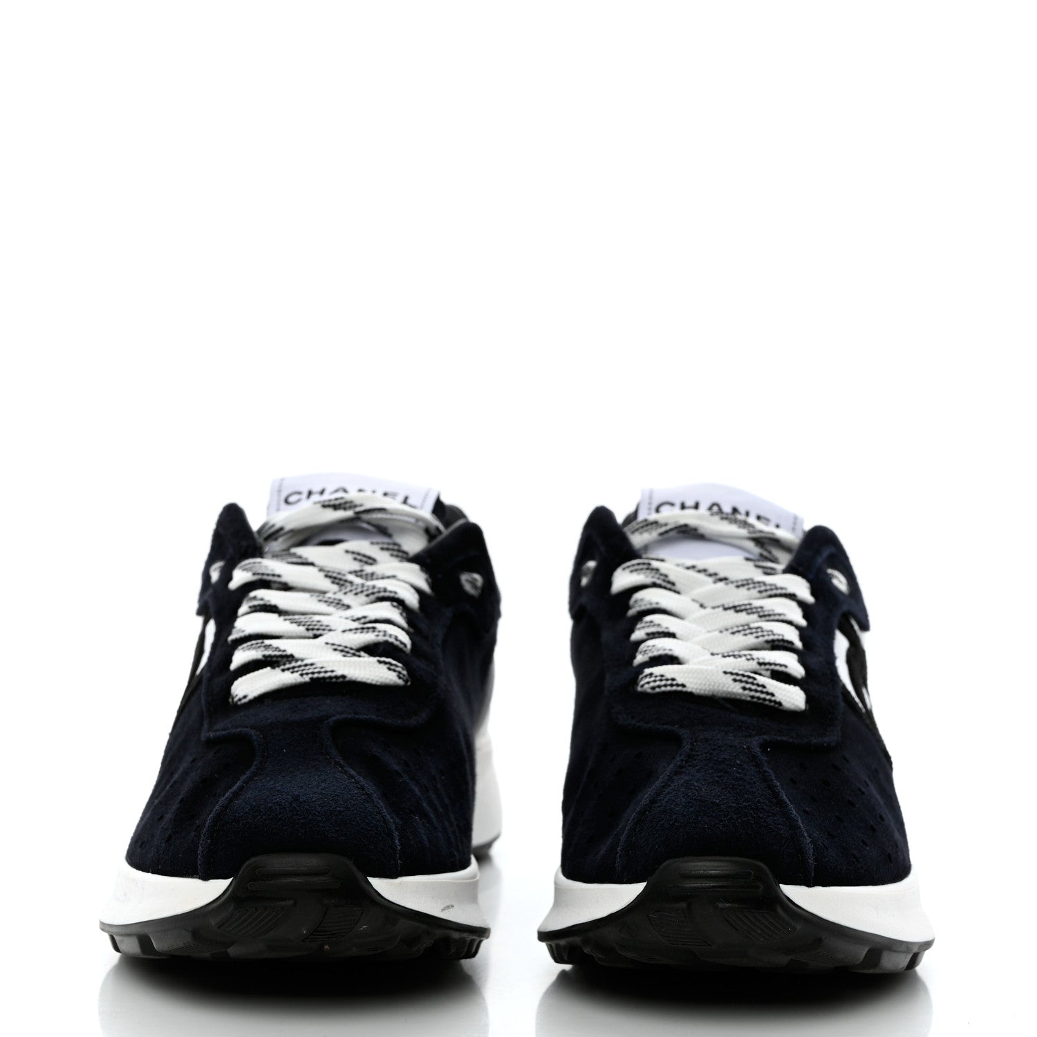 Chanel Suede Perforated Womens CC Sneakers 38.5 Navy White 2 of 10