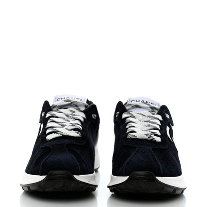 Chanel Suede Perforated Womens CC Sneakers 38.5 Navy White 2 of 10