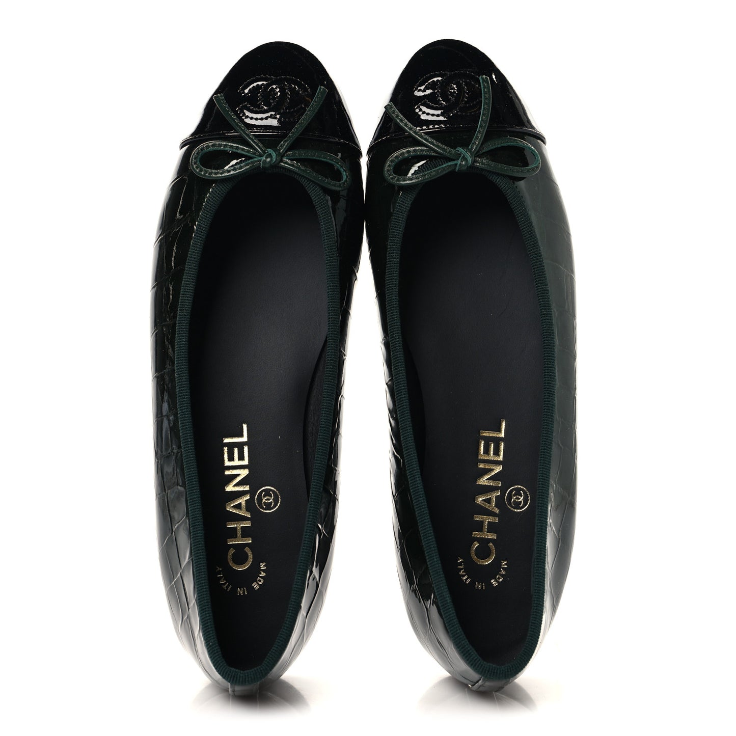 Patent Crocodile Embossed Ballerina Flats 37.5 Dark Green Black