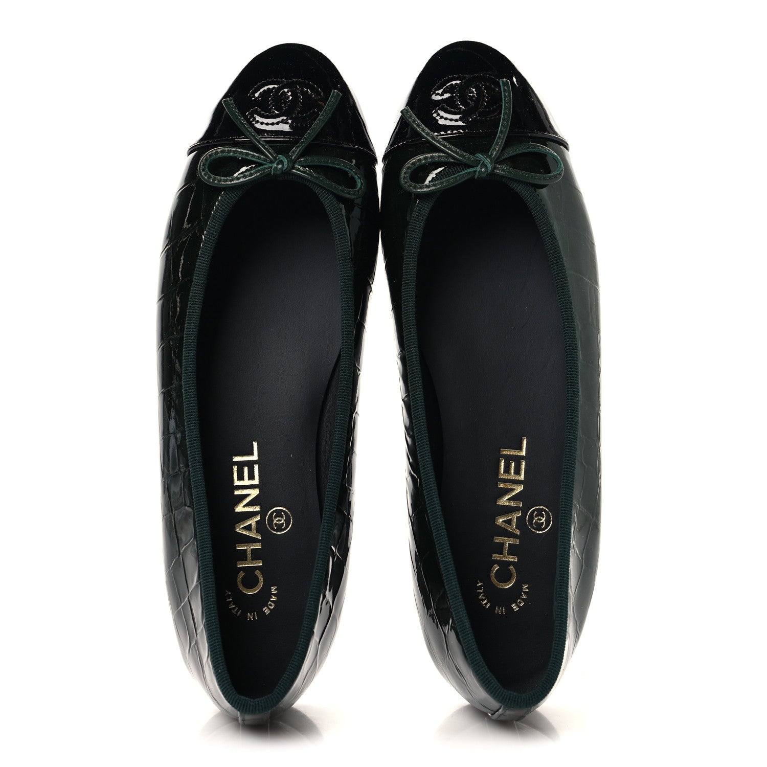 Chanel Patent Crocodile Embossed Ballerina Flats 37.5 Dark Green Black 2 of 10