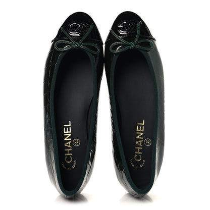 Chanel Patent Crocodile Embossed Ballerina Flats 37.5 Dark Green Black 2 of 10