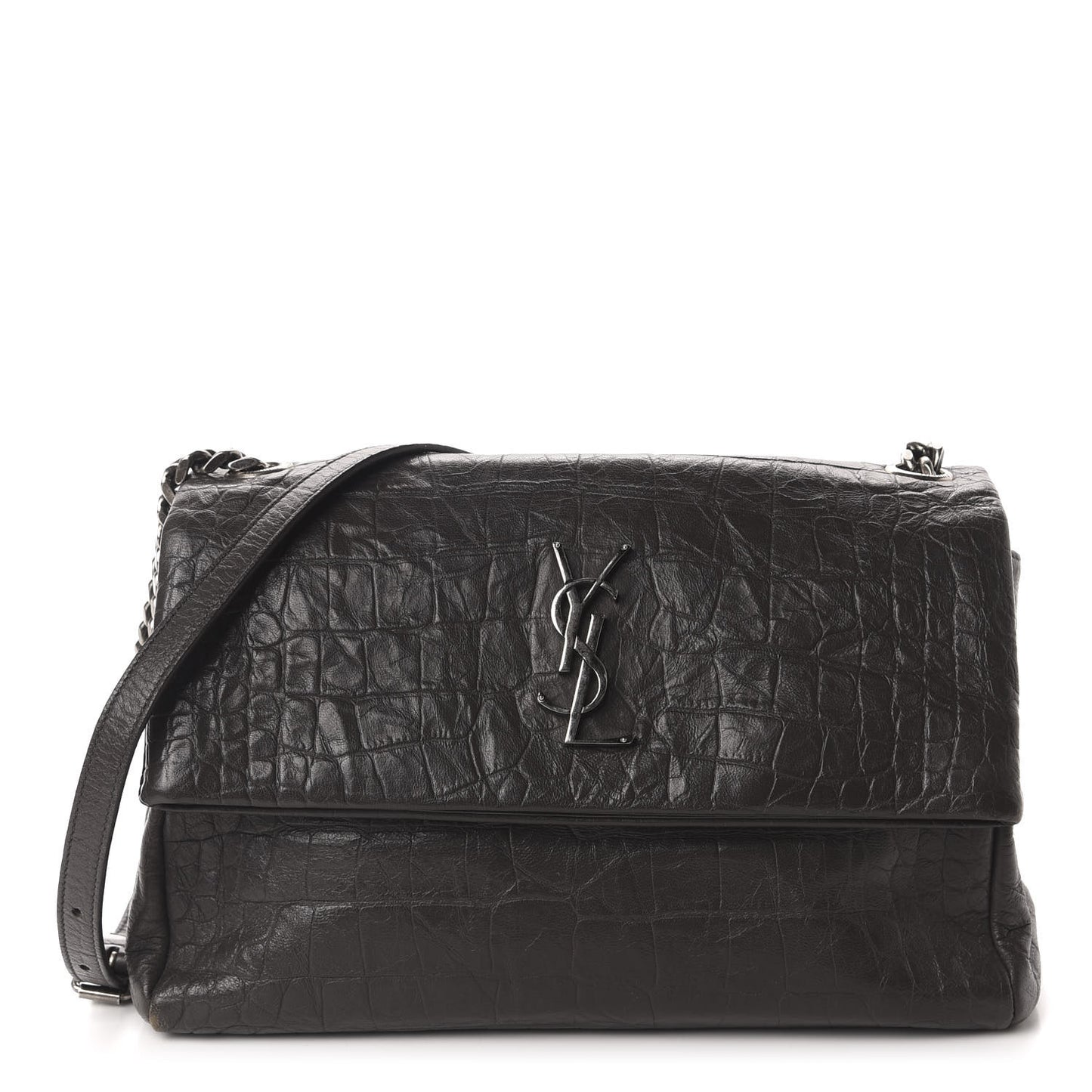 Calfskin Crocodile Embossed Medium West Hollywood Monogram Fold-Over Dark Brown