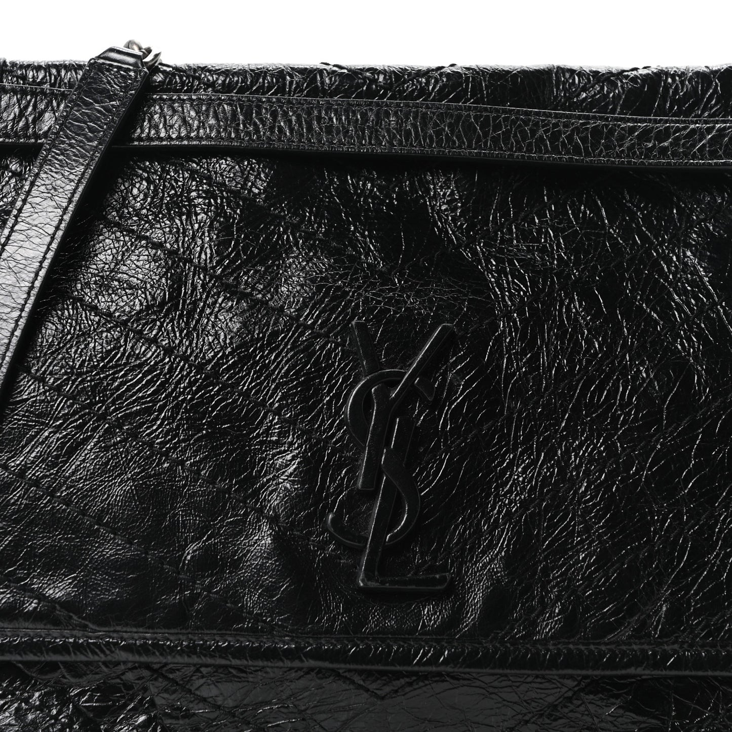 Crinkled Calfskin Matelasse Monogram Large Niki Chain Satchel Black
