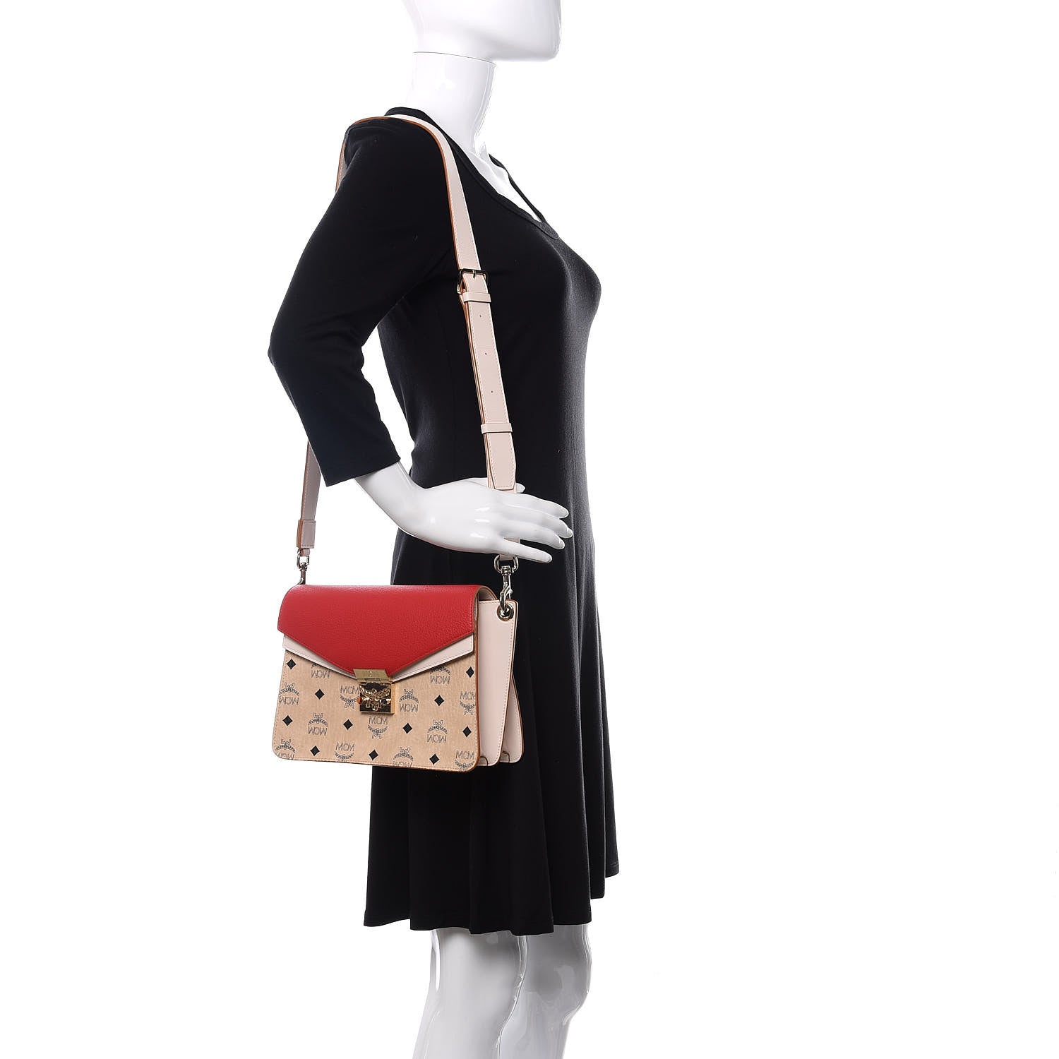 MCM Visetos Calfskin Colorblock Mezzanin Shoulder Bag Beige Ruby Red 2 of 11