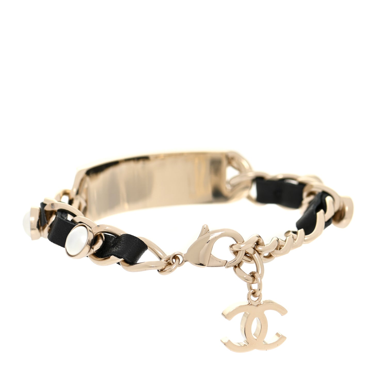 Metal Lambskin Pearl Name Plate Bracelet Black Gold