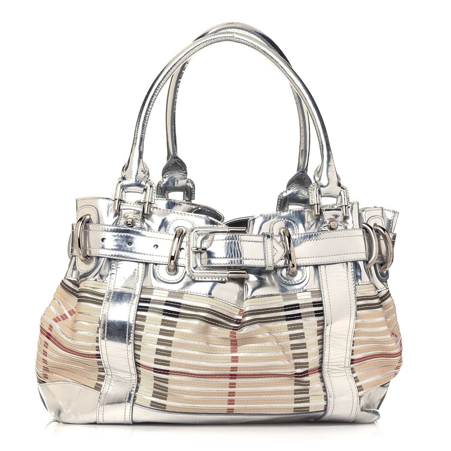 Burberry Metallic Patent House Check Sliced Beaton Tote Silver 1 of 19