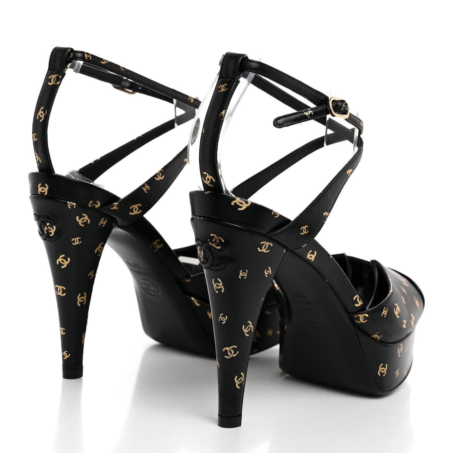 Printed Lambskin CC Platform Pumps 36.5 Black Gold