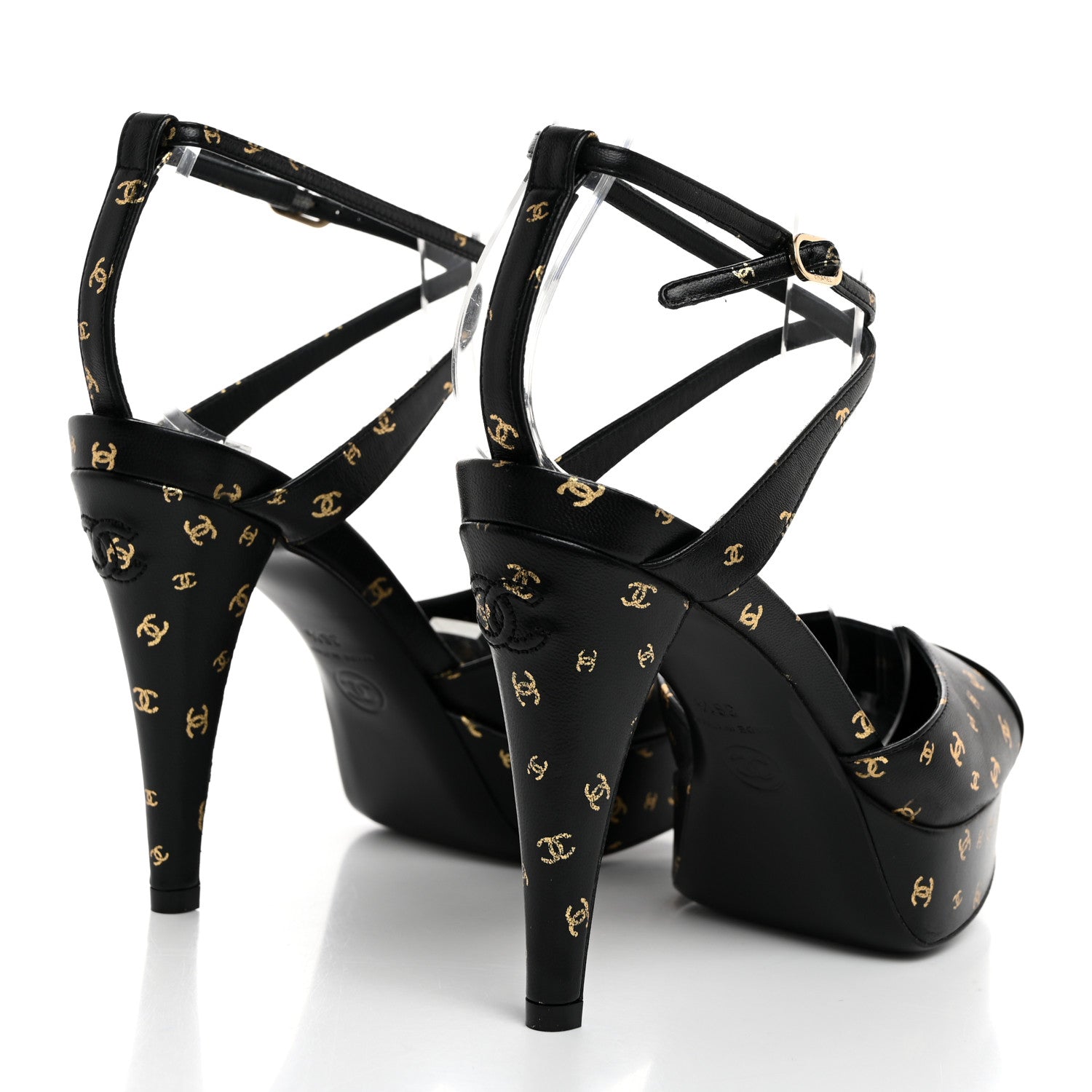 Chanel Printed Lambskin CC Platform Pumps 36.5 Black Gold 4 of 8