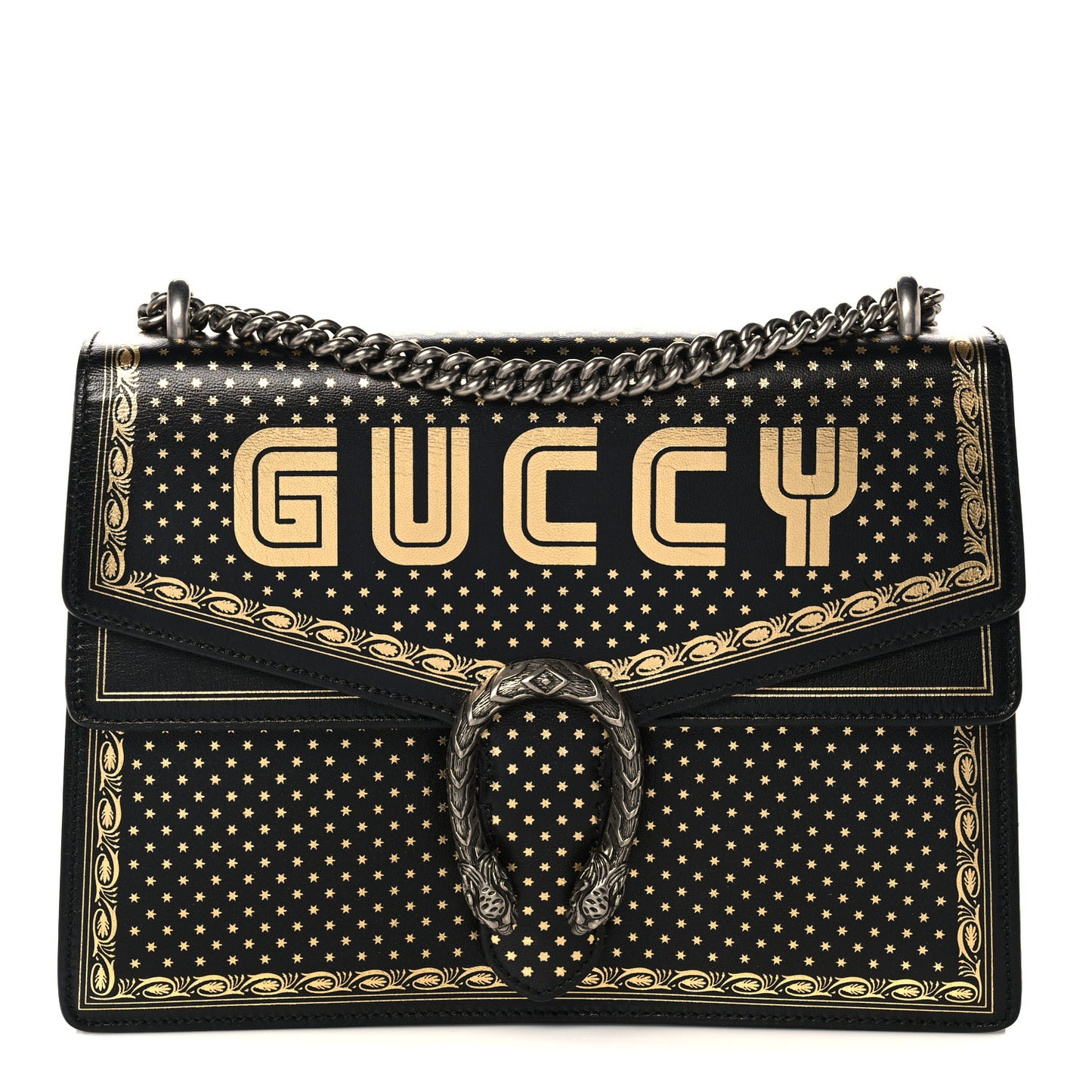 X SEGA Calfskin GUCCY Stars Medium Dionysus Shoulder Bag Black Gold