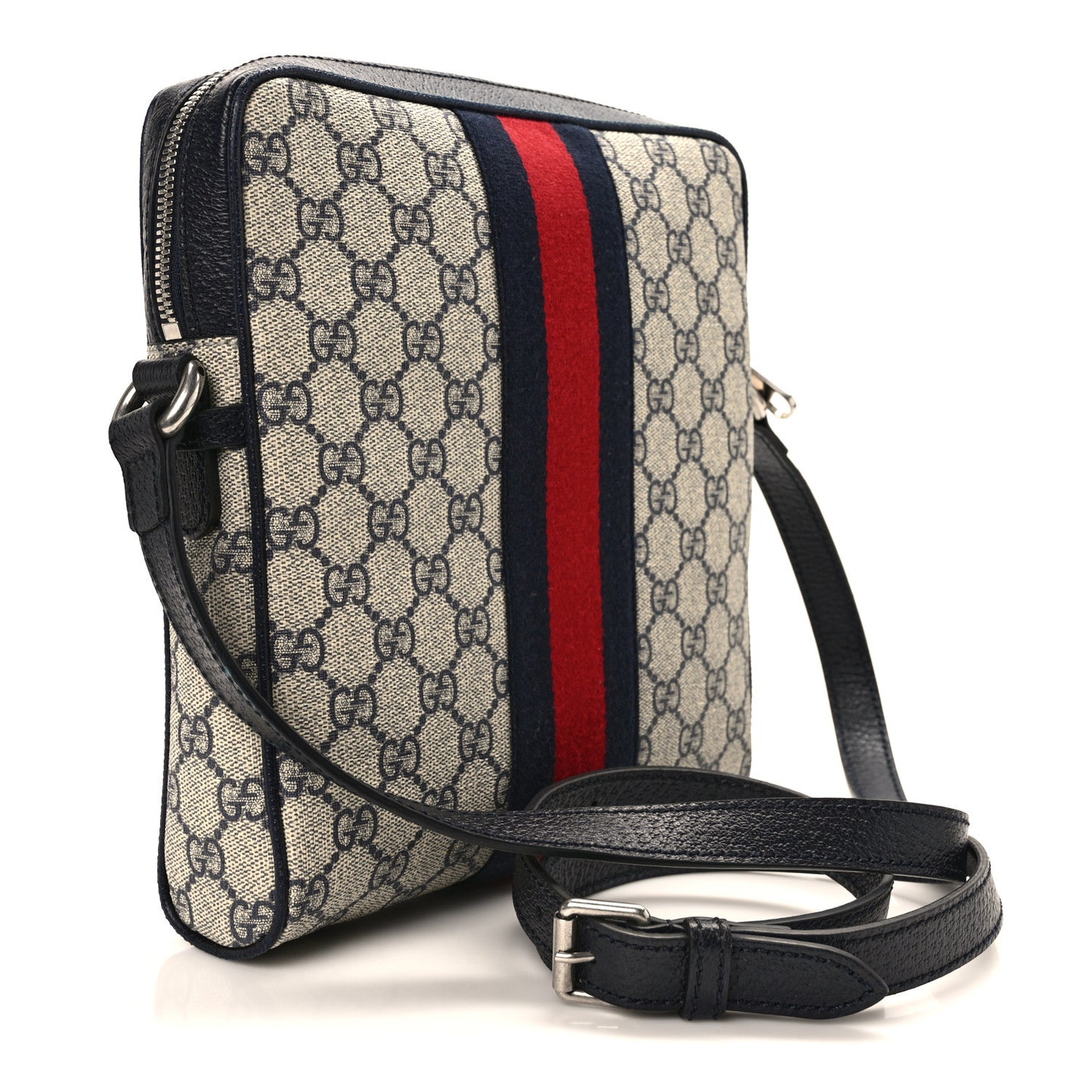 GG Supreme Monogram Textured Dollar Calfskin Web Small Ophidia Messenger Bag Beige Blue