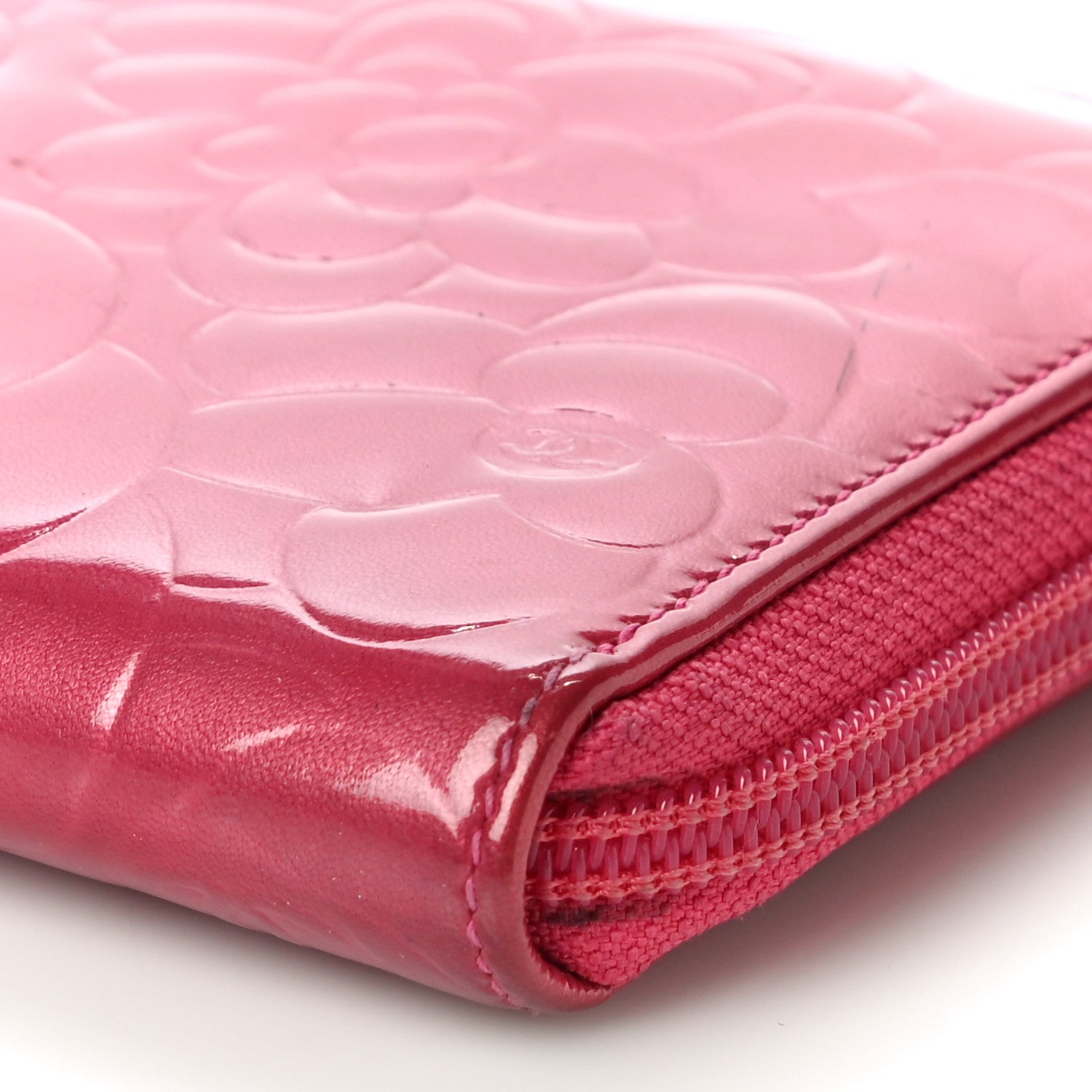 Chanel Patent Camellia Embossed Large Gusset Zip Around Wallet Pink 5 of 15