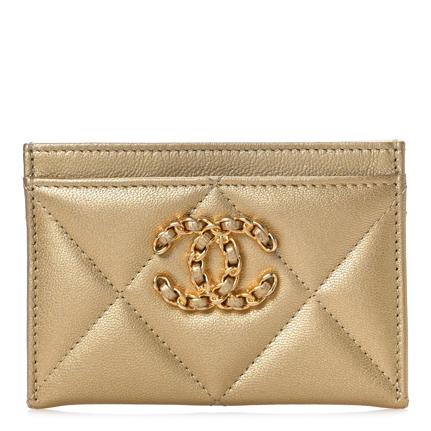 Metallic Lambskin Quilted Chanel 19 Card Holder Gold