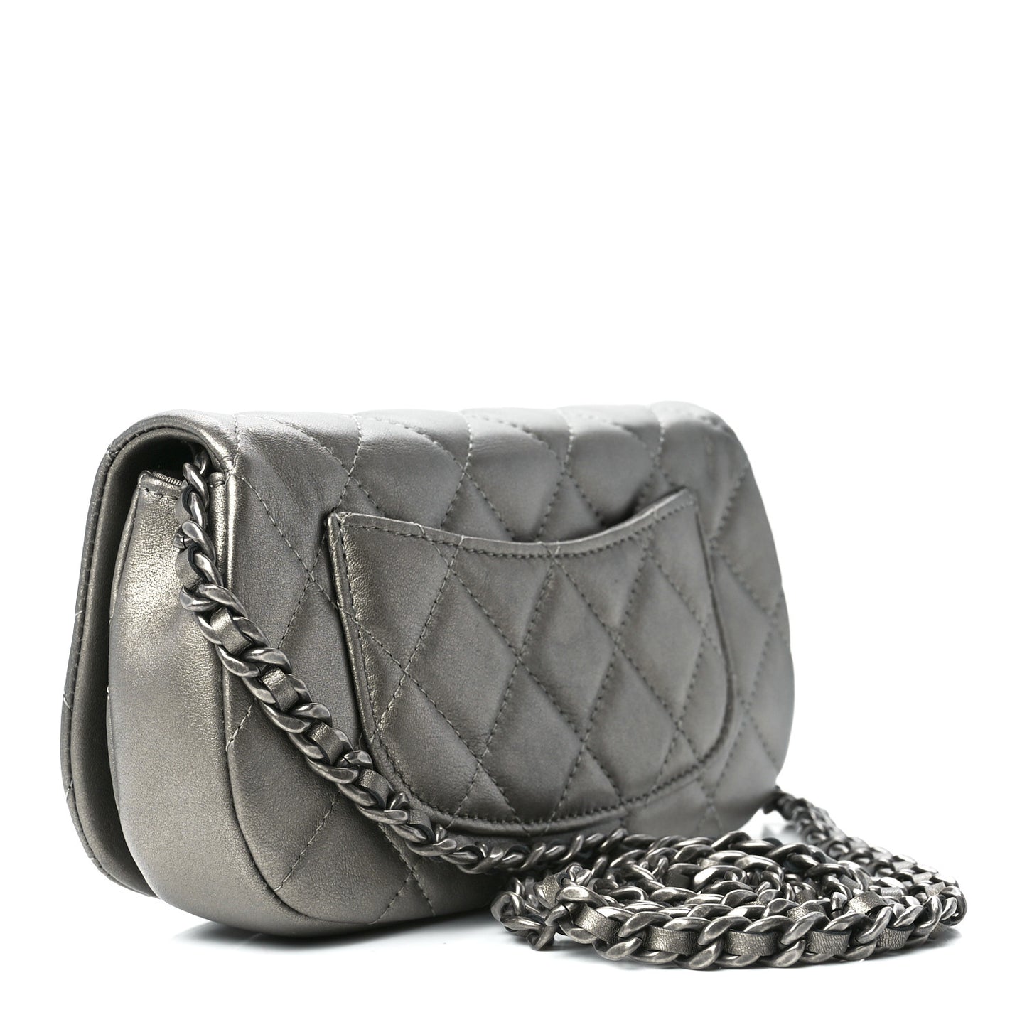 Metallic Calfskin Quilted Flap Clutch With Chain Ruthenium