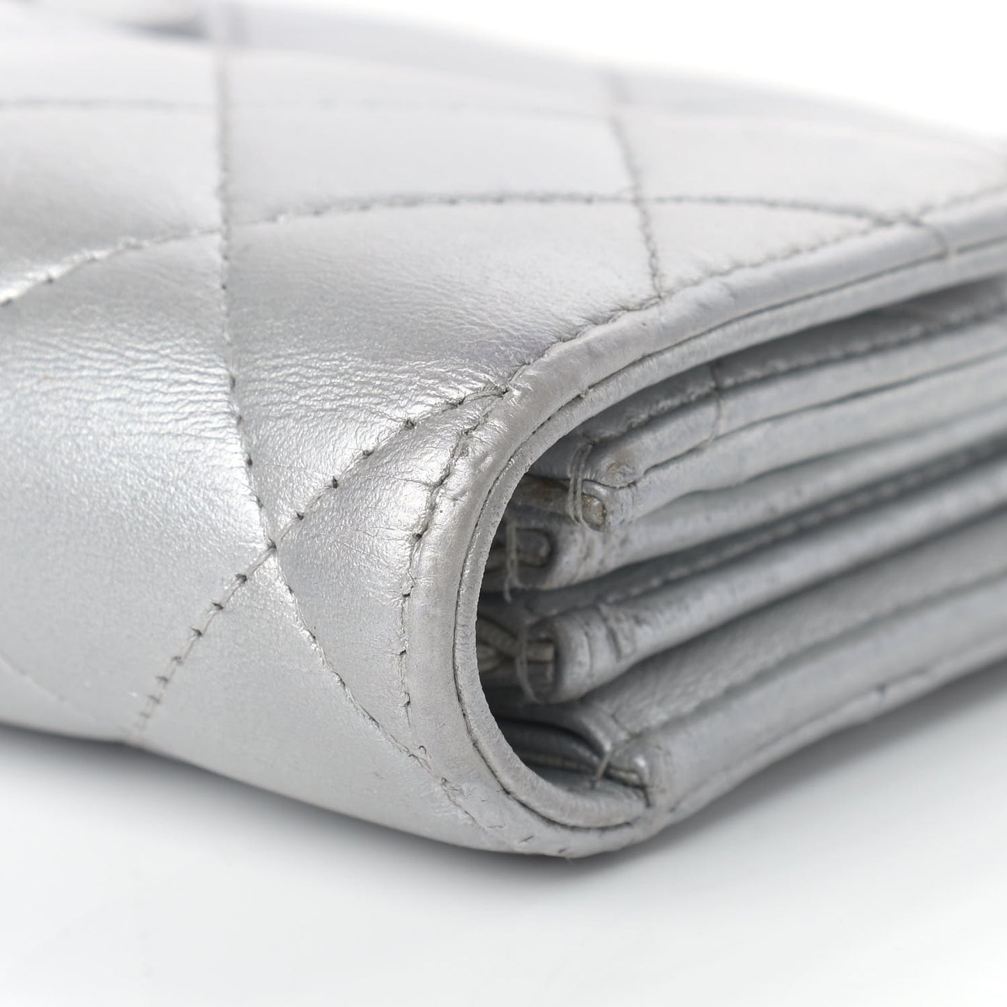 Metallic Lambskin Quilted Long Flap Wallet Silver
