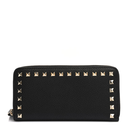 Valentino Garavani Pebbled Calfskin Rockstud Zip Around Wallet Black 1 of 6