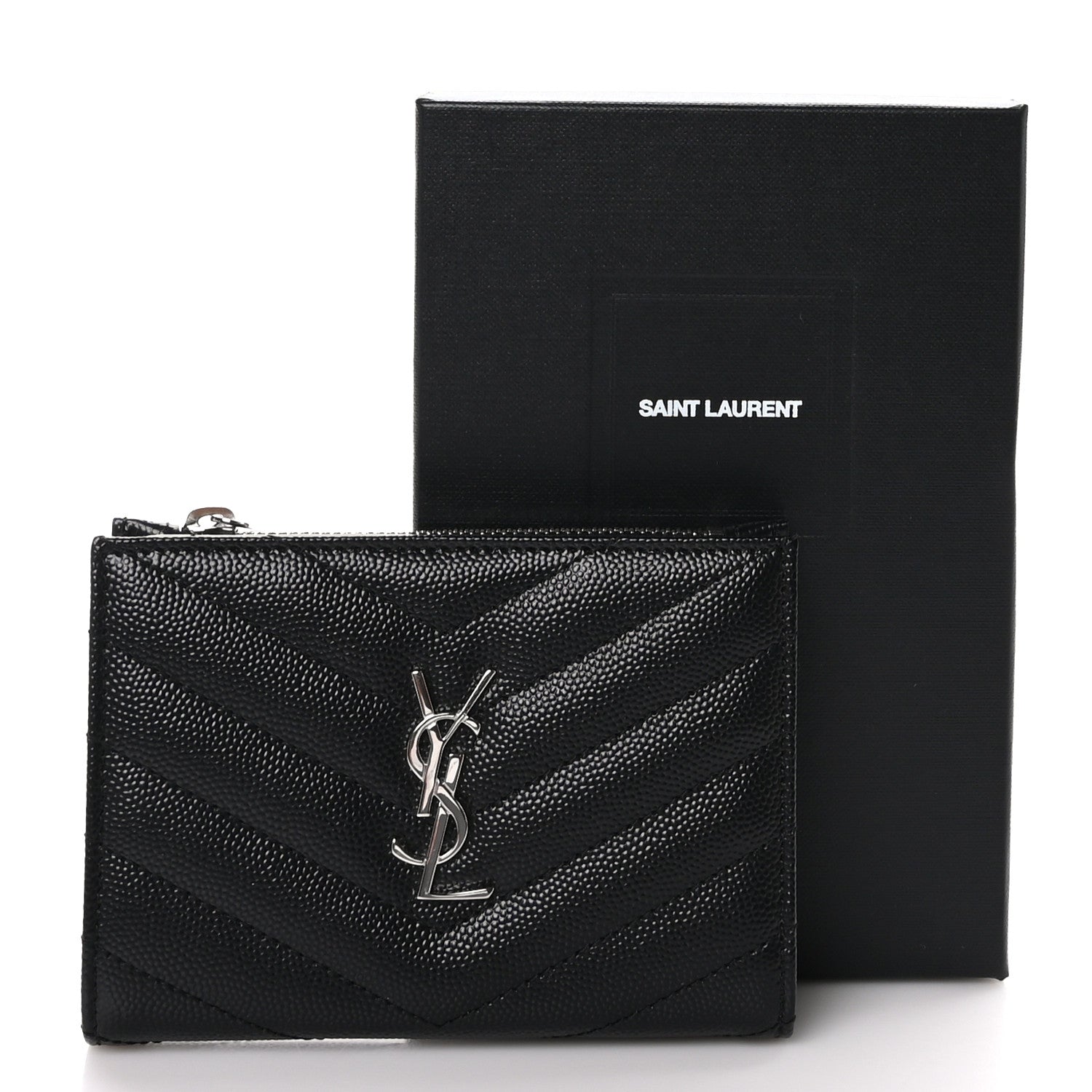 Saint Laurent Grain De Poudre Matelasse Chevron Cassandre Fragments Zippered Bi-Fold Wallet Black 8 of 8