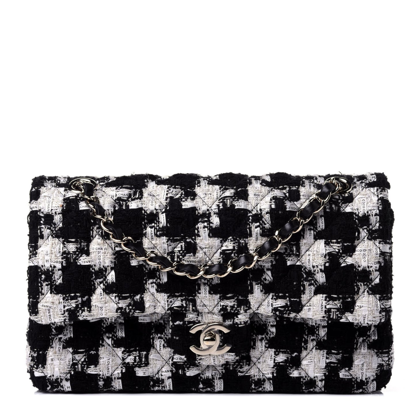 Tweed Quilted Medium Double Flap Black Ecru White