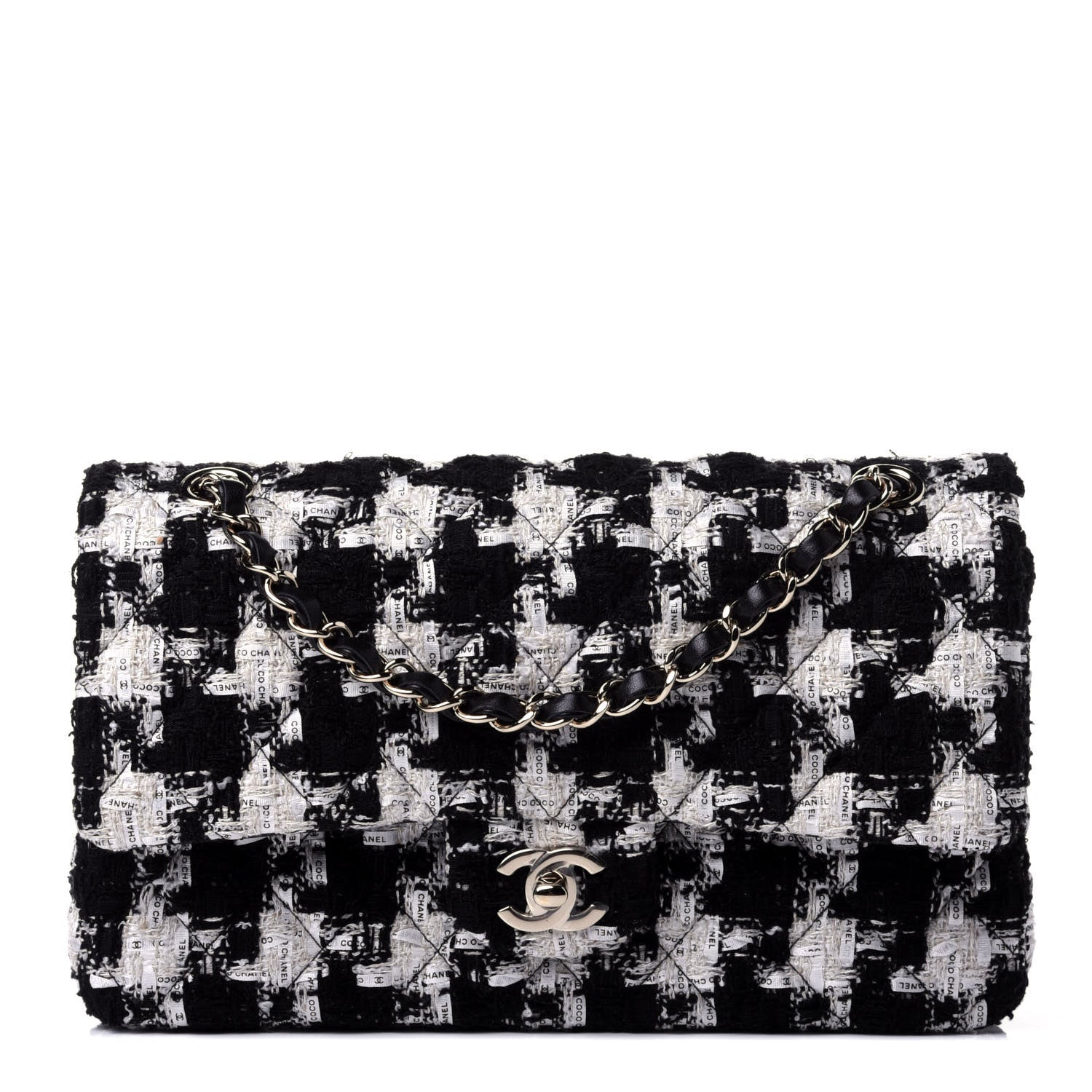 Chanel Tweed Quilted Medium Double Flap Black Ecru White 1 of 4