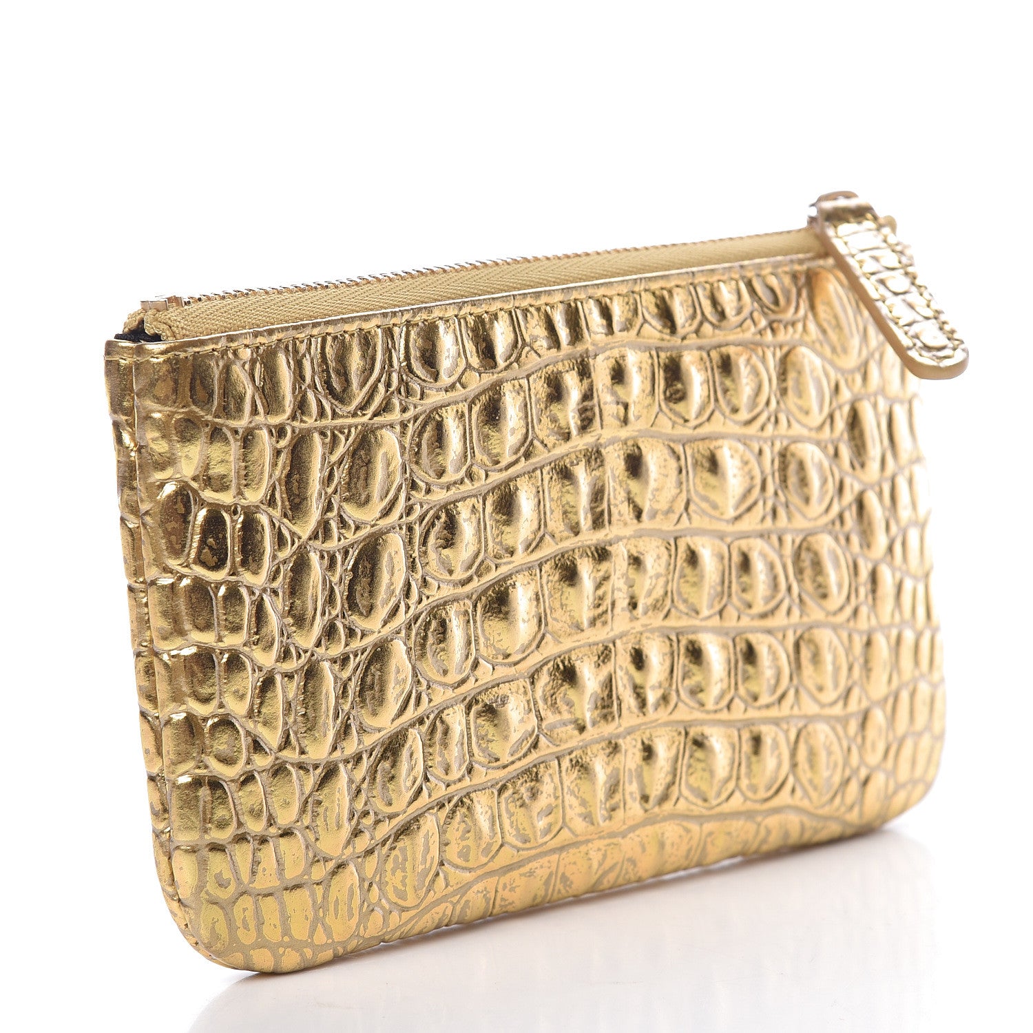 Chanel Metallic Calfskin Crocodile Embossed Cocodile Small Cosmetic Case Gold 3 of 8